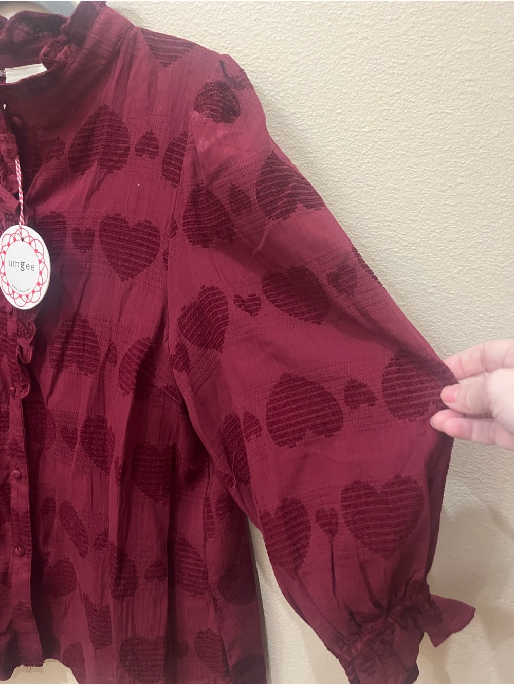 Umgee Burgundy Ruffled Heart-Pattern Button Front Blouse - Picture 3 of 4